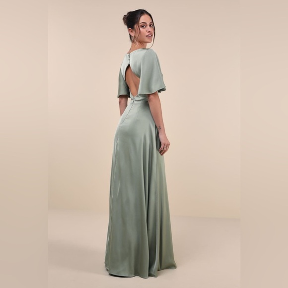 LULU’S Elegant Confidence Sage Satin Flutter Sleeve Cutout Maxi Dress - Picture 3 of 9